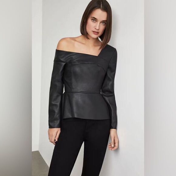 Plus Size Faux Leather One-Shoulder Peplum Top by SHEIN - Picture 2 of 3